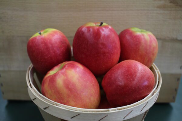 Fresh red apples in rustic wooden basket