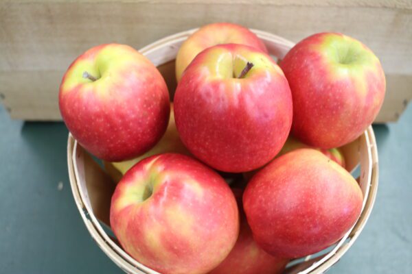 Basket of ripe red apples on table