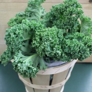 Fresh curly kale in wooden basket