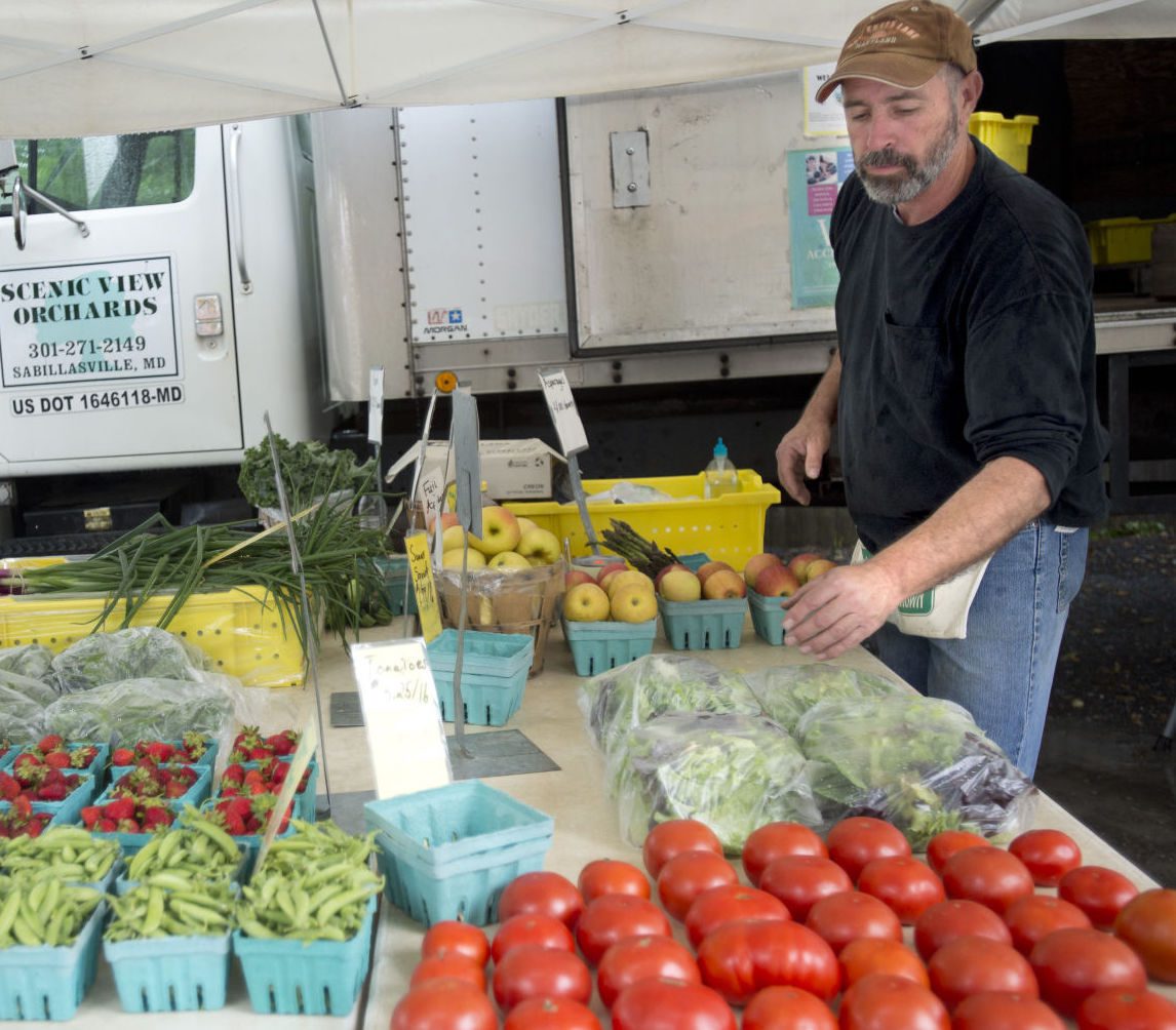 Vendor arranging fresh produce at farmers market