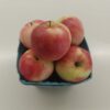 Five red-yellow apples in blue carton