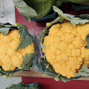 Two golden cauliflower heads with green leaves Two golden cauliflower heads with green leaves