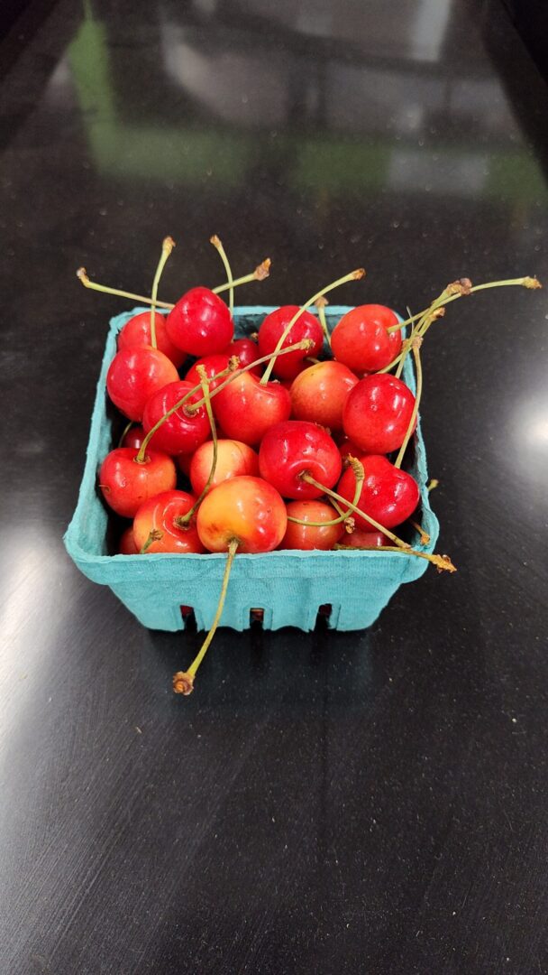 Small teal carton of ripe red cherries
