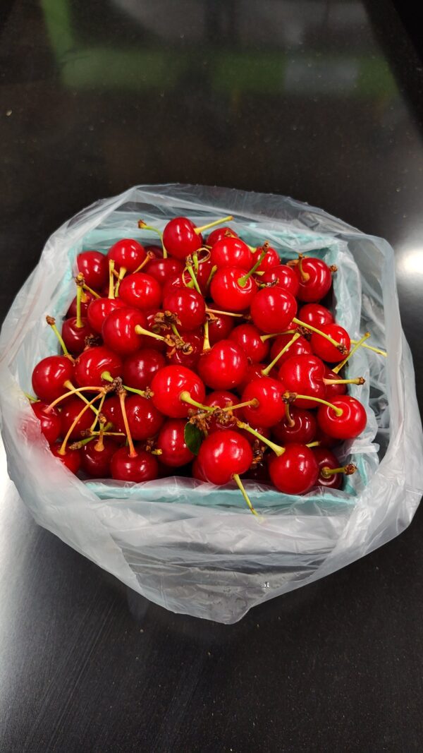 Container of glossy red cherries in bag