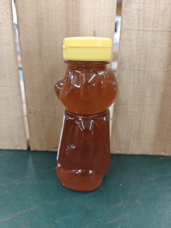 Bear-shaped honey bottle with yellow cap