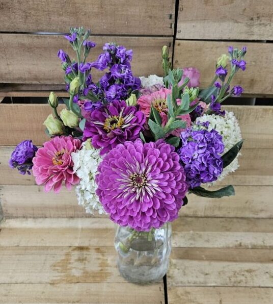 20260628_094744 Purple and pink floral bouquet in glass jar