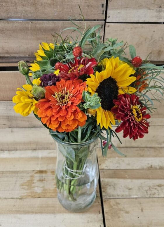 20260628_095139 Colorful sunflower and zinnia bouquet in vase