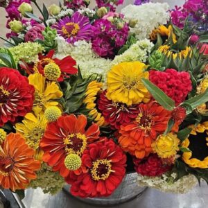 Snapchat-901169953 Bright mixed zinnias and sunflowers bouquet