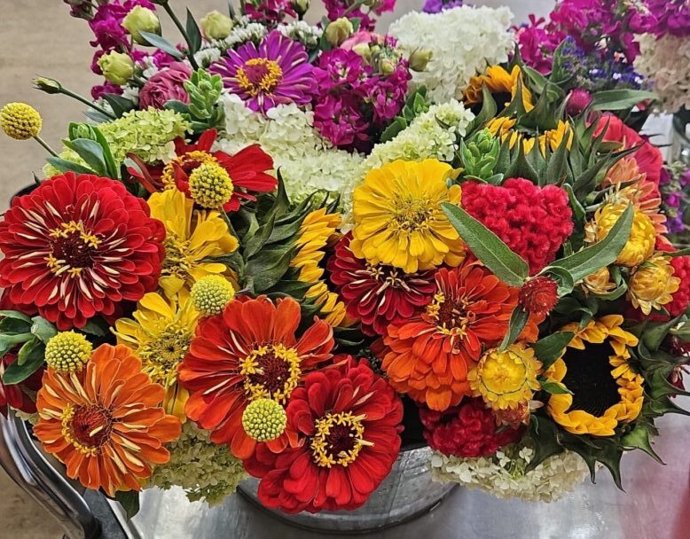Bright mixed zinnias and sunflowers bouquet