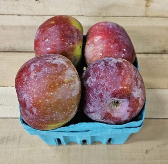 Basket of fresh red apples on wooden surface.