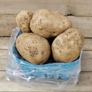 Basket of fresh, unwashed potatoes.